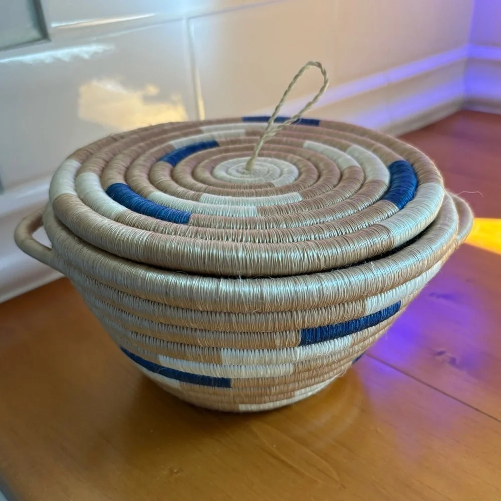 Handwoven Rwandan Lidded Basket Blue & Natural Fair Trade Storage Basket